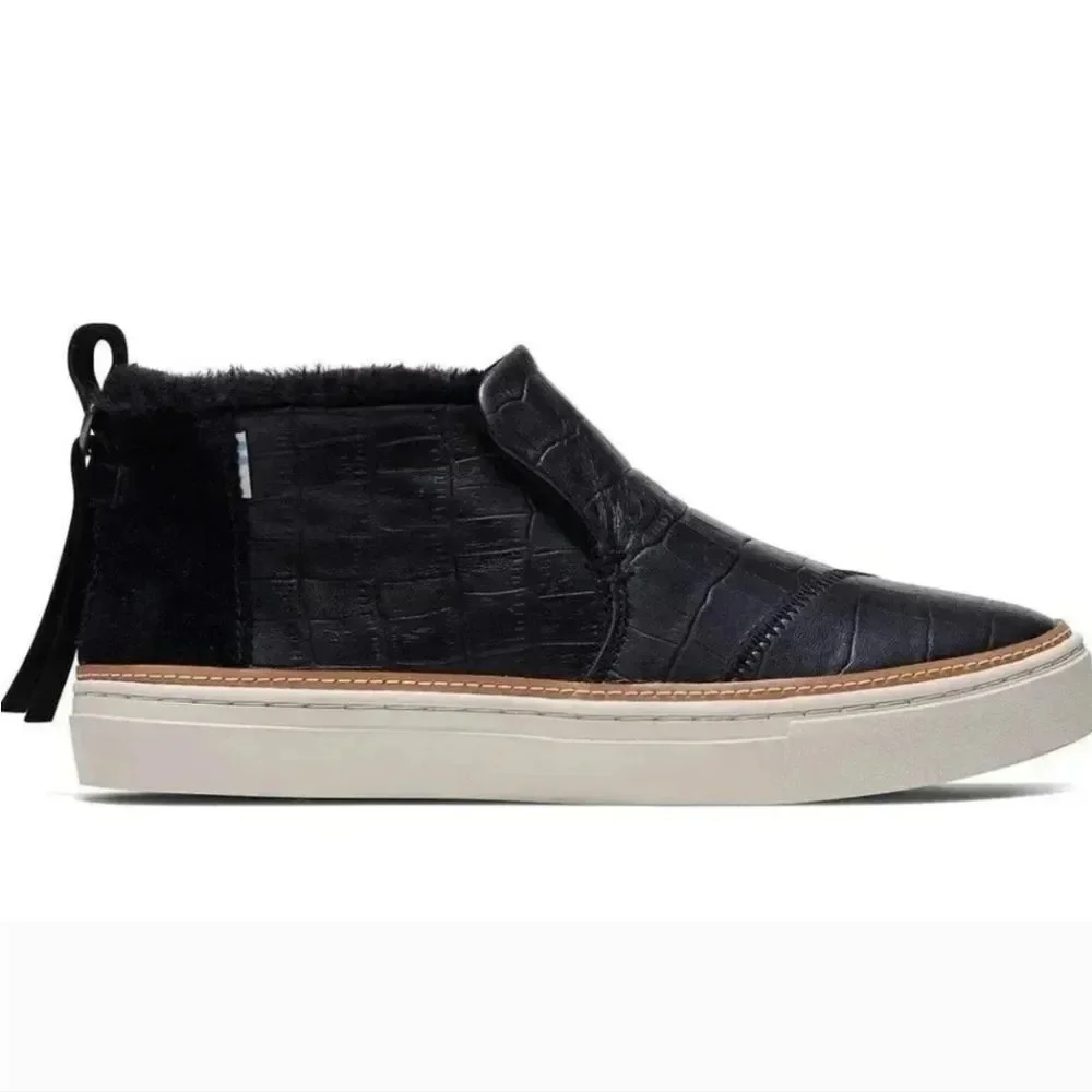 TOMS Paxton Black Croc Embossed Leather Faux Fur Lined Slip-on Sneakers